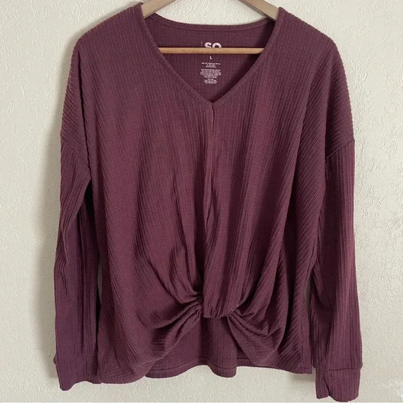 SO Waffle Knit Vneck Top Knot Midriff Size Large Purple Loose Fit Casual Comfort - Picture 1 of 7